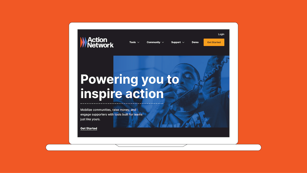 Mockup of the new Action Network homepage on a white laptop