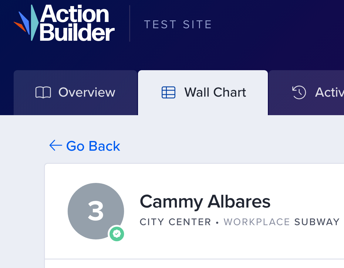 A screenshot of a person's profile in Action Builder showing a badge next to their assessment.